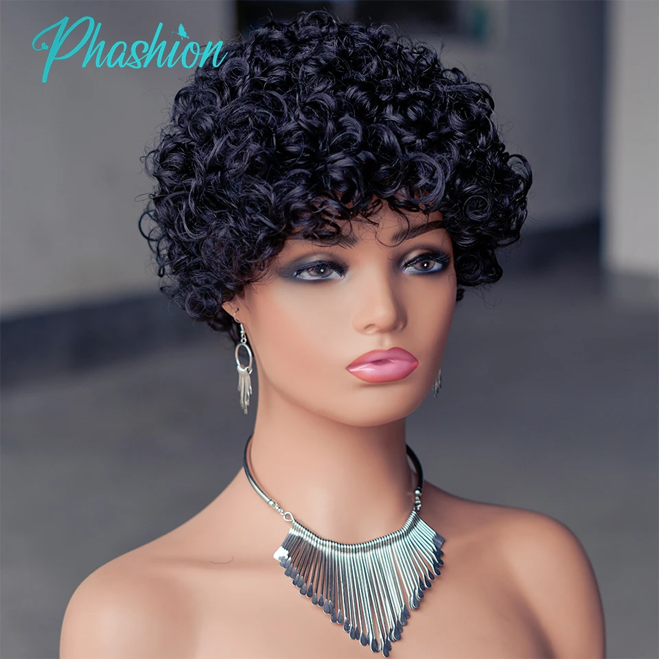 

Phashion Colored P4/27/30 Pixie Cut Human Hair Wigs With Bangs Short Curly Wig Brazilian Remy Cheap Machine Glueless For Women