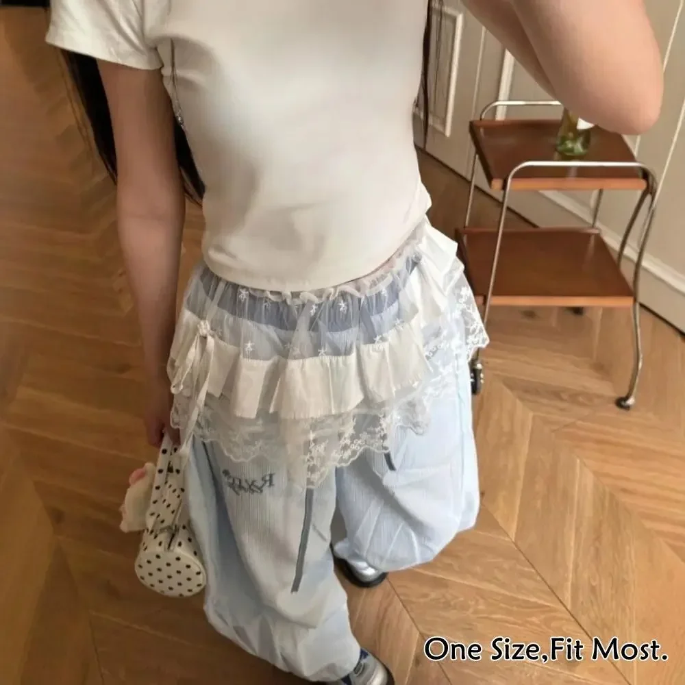 تنورة قصيرة جديدة مطرزة بالزهور من الدانتيل Y2K ملابس الشارع الشهير Harajuku تنورة مكشكشة بأربطة شفافة تنانير جينز مزخرفة