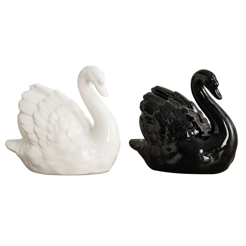 2 Pieces White Black-Swan Sculpture Decor, Elegant Ceramic Swan Couple Figurine Statue For Home Office Decor Durable