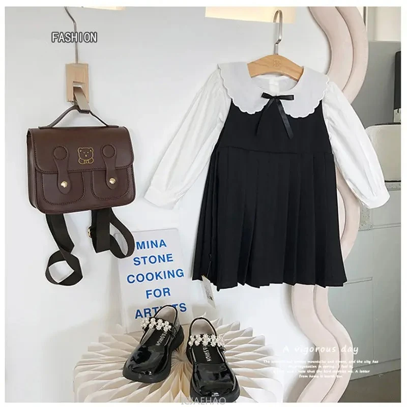 

Sundress Black for Girls Children Junior Dress Elementary School Student Uniform Suit School Kids White Blouse Pleated Skirt Set