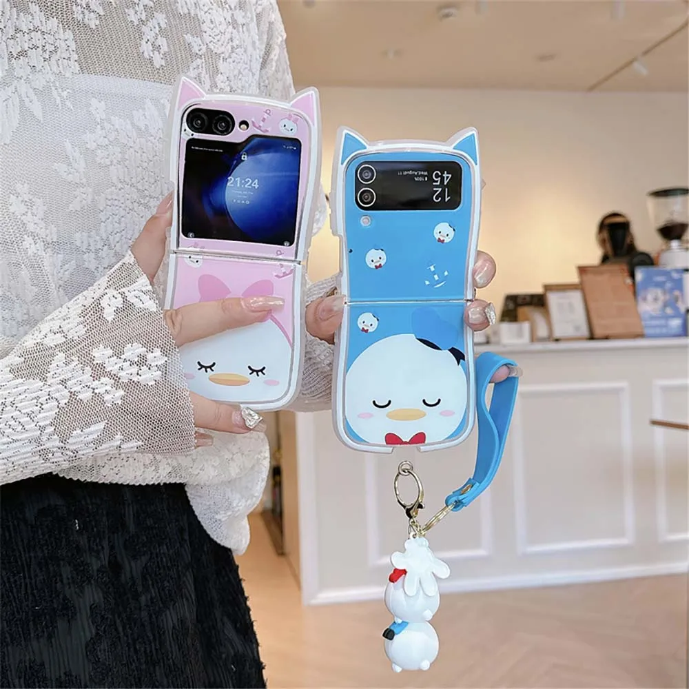 Cute Donald Duck 3D Cat Ear With keychain Phone Case for Samsung Galaxy Z Flip 3 4 5 6 5G PC Hard Anti-drop Back Cover Funda