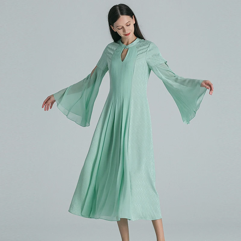 

Mint Green 22 Momme Jacquard Silk Office Stand Neck Dresses Women Flare Long Sleeve Hollow Out Slim Silk Dress Autumn AE1802