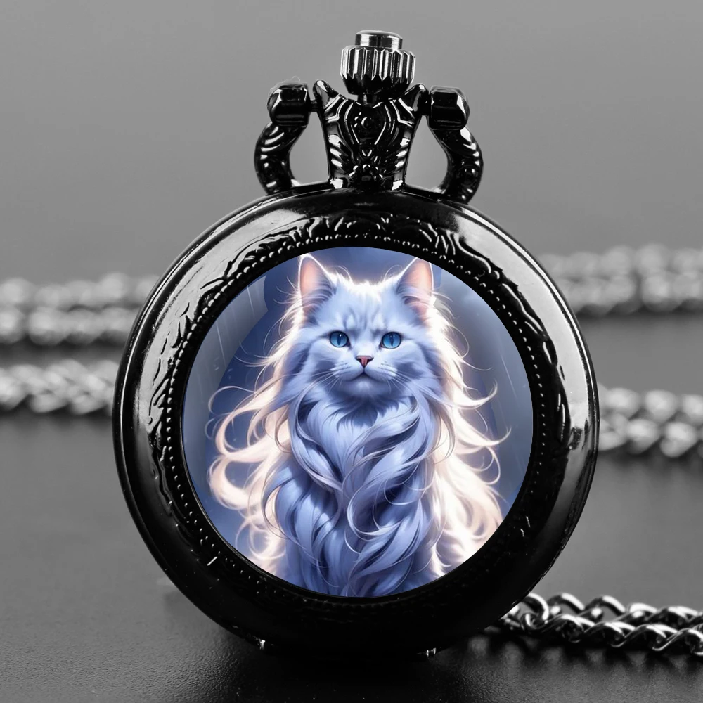 Cute kawaii Cats Graphic Glass Dome Quartz Pocket Watch Necklace Men Women Kids Unique Jewelry Pendant Accessories Gift