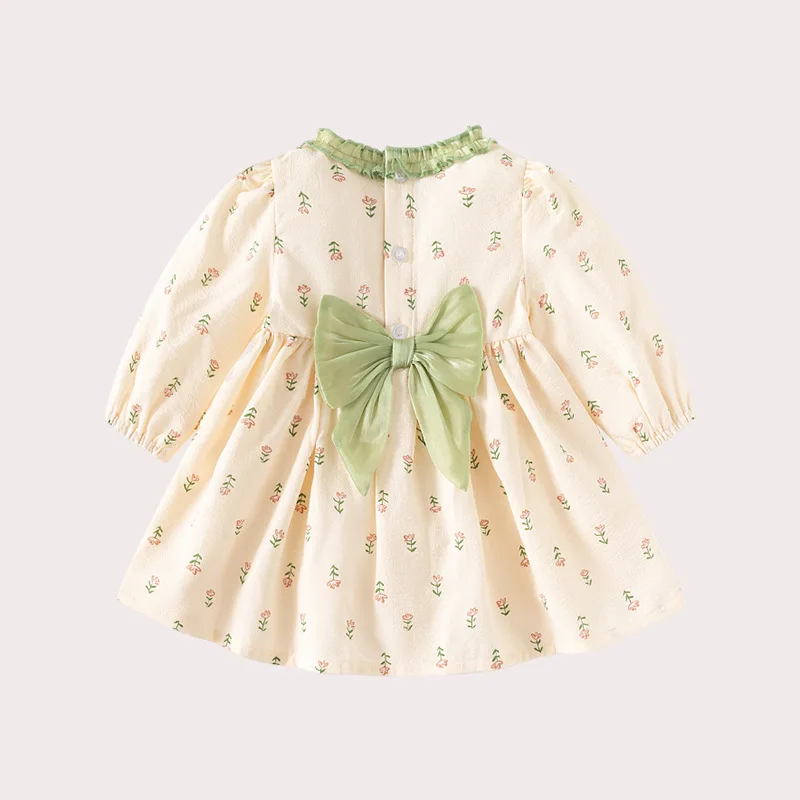 2024 Spring Autumn Baby Girls Dress Cotton Floral Printetd Ruched Lace Infant Girls Dress Knotbow Sweet Toddler Girl Drress