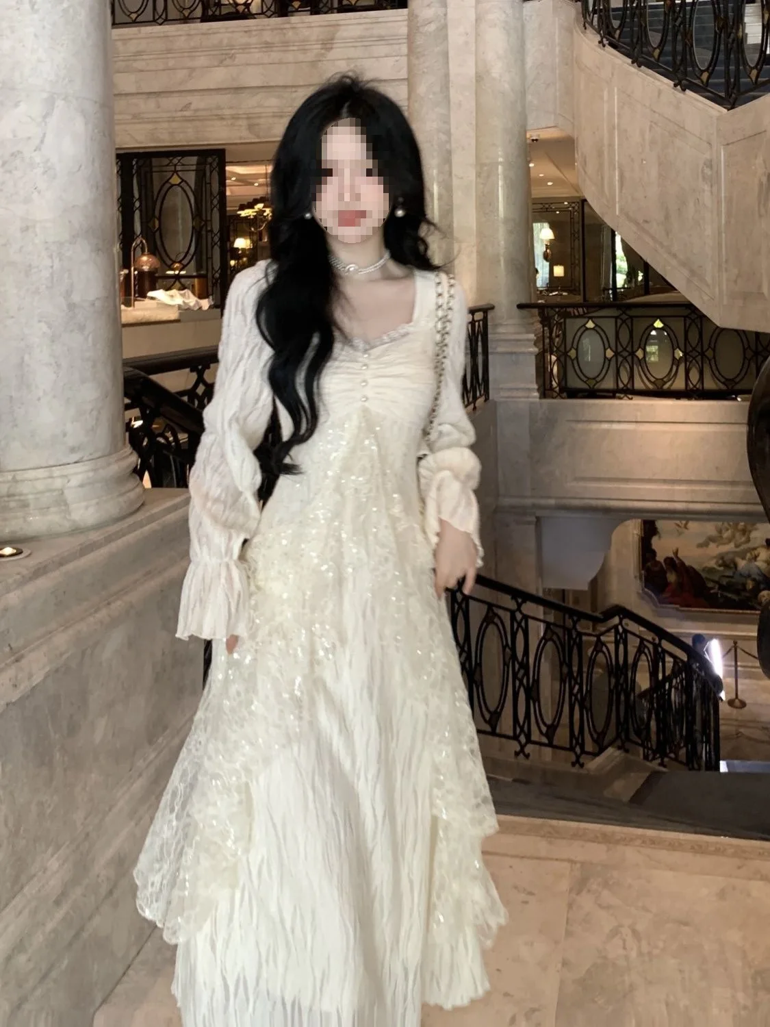 

2025 New Spring Elegant Ruffles Fairy Dresses Korean Lace Slim Waist A Line Dress Women Princess Party Vestidos Female Robe
