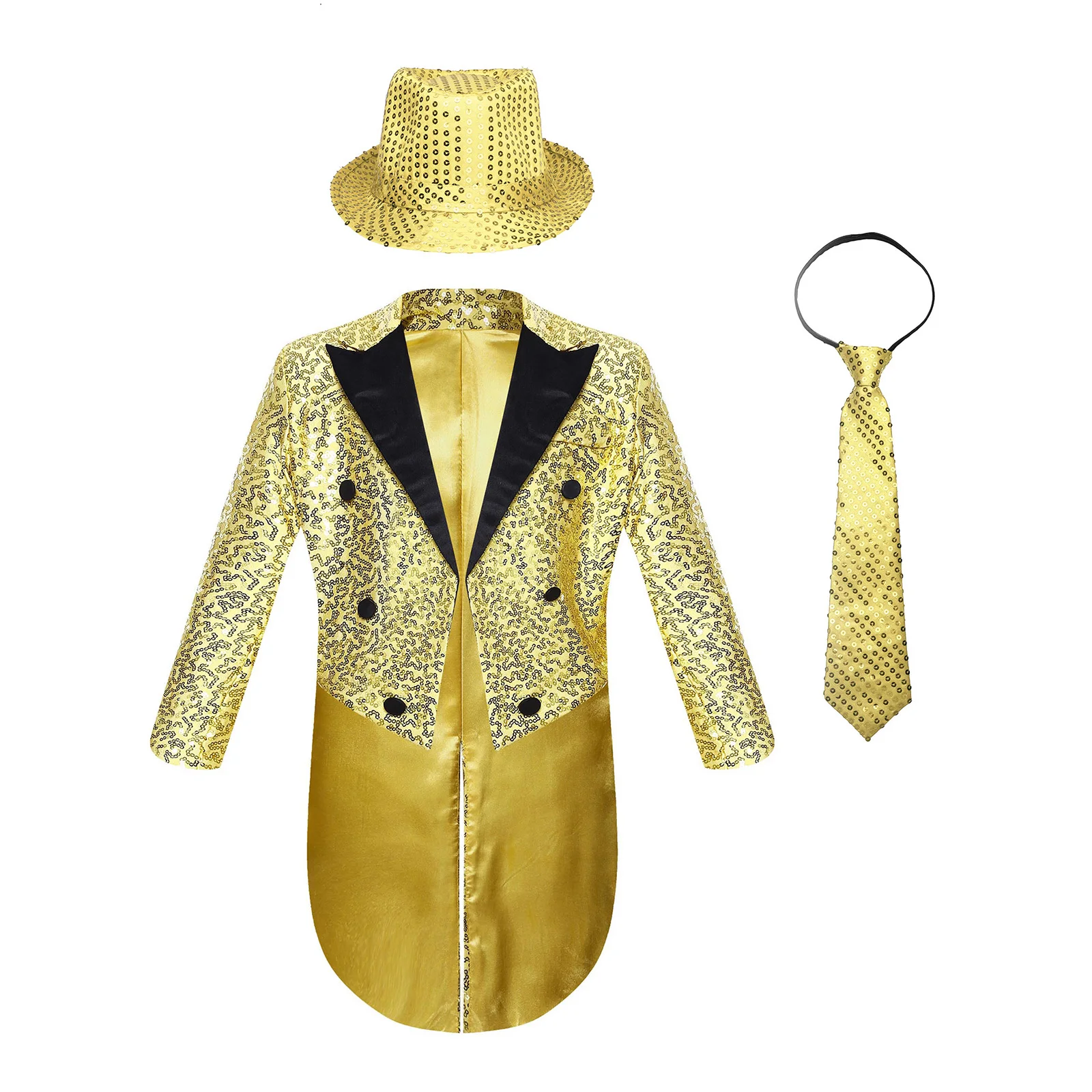 Kids Boys Jazz Rock Dance Costume Sequin Blazers Open Front Tailcoat with Fedora Hat Necktie for Stage Cowboy Party Outfits