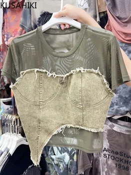 Kusahiki verão retro doce legal picante menina curto denim malha retalhos camisa inferior das mulheres camiseta de manga curta