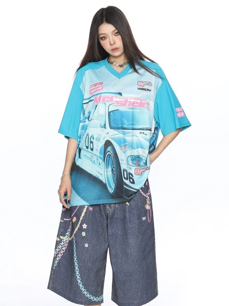 อเมริกันRetroตาข่ายRacingพิมพ์กราฟิกTเสื้อแขนสั้นVคอTเสื้อผู้หญิง 2025 ขนาดใหญ่เสื้อT Streetwearกีฬา