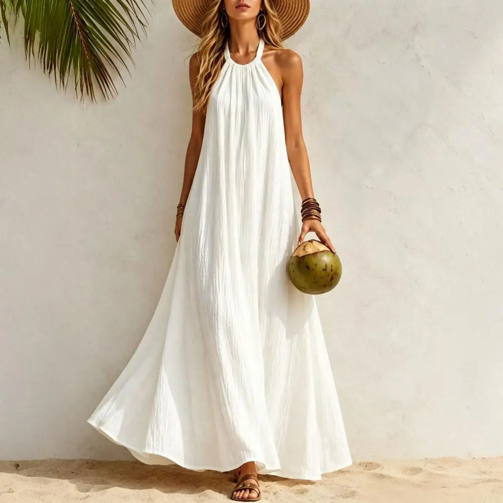 Weiches, hautfreundliches Stoffkleid für Damen, lockeres A-Linien-Kleid, Damen-Maxi-Leinenkleid mit Neckholder-Ausschnitt, A-Linien-Sommerkleid, fließendes Sommerkleid