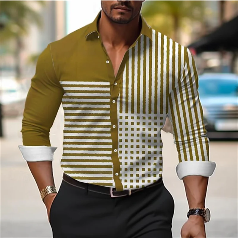 Spring and Autumn Men\'s Shirt Long Sleeve S-6XL Fashion HD 3D Plaid Line Print Lapel Single Breasted Cardigan Casual Men\'s Shirt