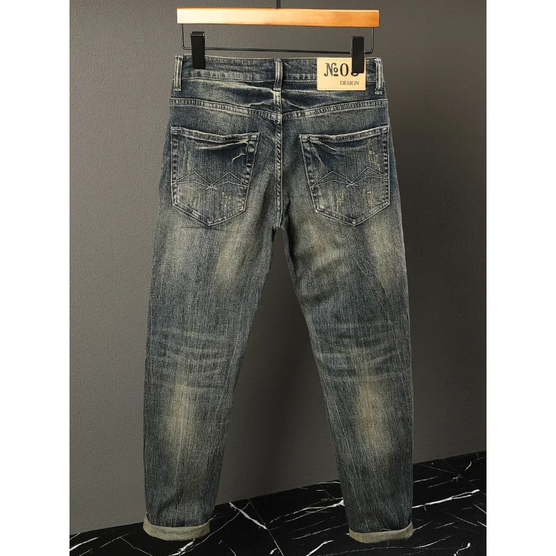 High-End Vintage Distressed Jeans Men American Style Trendy Ripped Patch Straight Street Fashion Pants