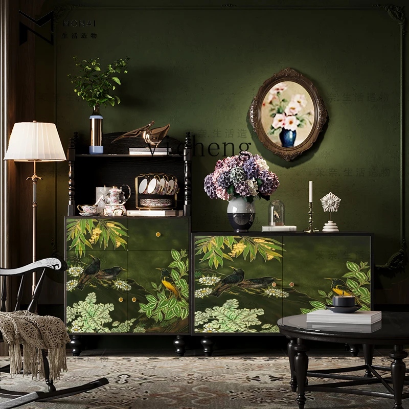 

ZC American retro solid wood dining side cabinet, living room against the wall integrated locker custom tea table
