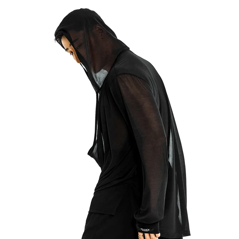 ใหม่ผู้ชายLatin Dance Tops Hoodedสีดําตาข่ายชายRumba Cha Chaเต้นรําเสื้อผ้าละตินเต้นรําสวมใส่DNV21873