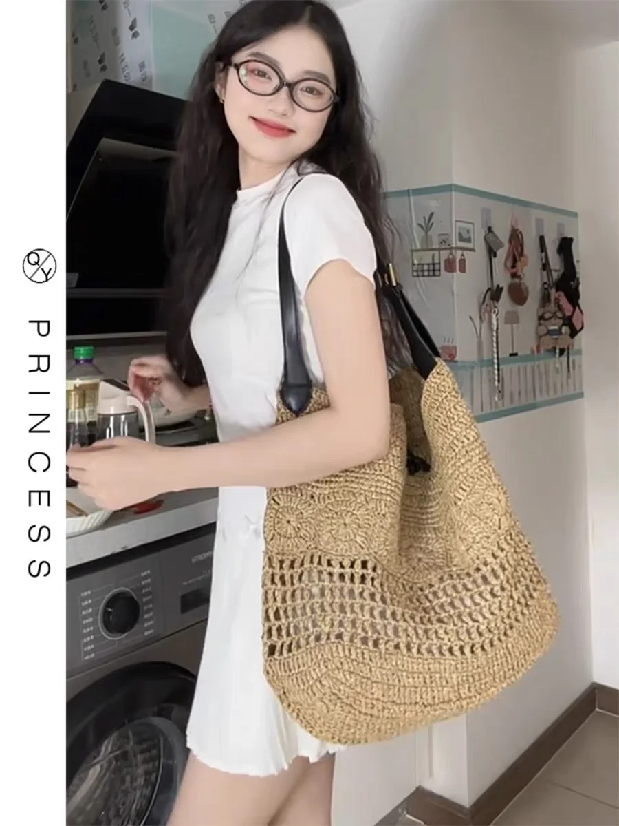 

Retro Handwoven Straw Bag Women's Large Capacity Summer Beach Shoulder Bag Casual Simple Style Youth Daily Use Pure Color