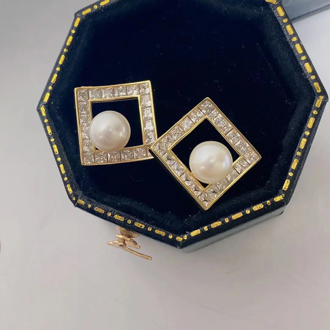 Square Shape S925 Sterling Silver Earrings Mount Findings Settings Base Mounting Parts Accessory for 6-7mm Pearls 5 pairs/lot
