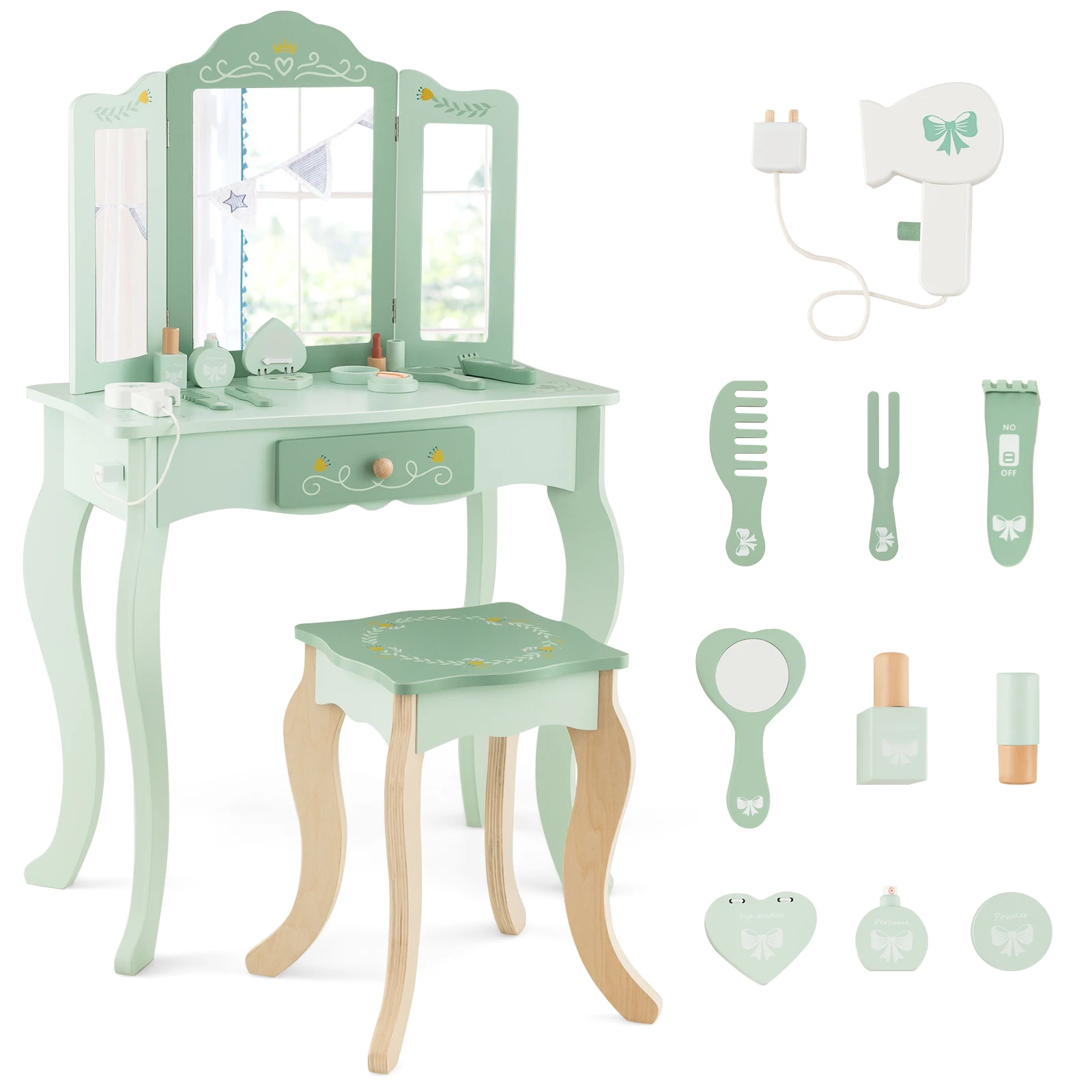 Kids Vanity Set Makeup Table & Chair Tri-folding Mirror Sweet Accessories Green