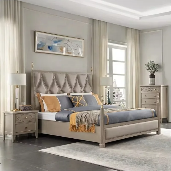 

#$Solid Wood Leather King Size Light Luxury Simple Bed, American Country Retro Retro Light Luxury Solid Wood Leather Bed