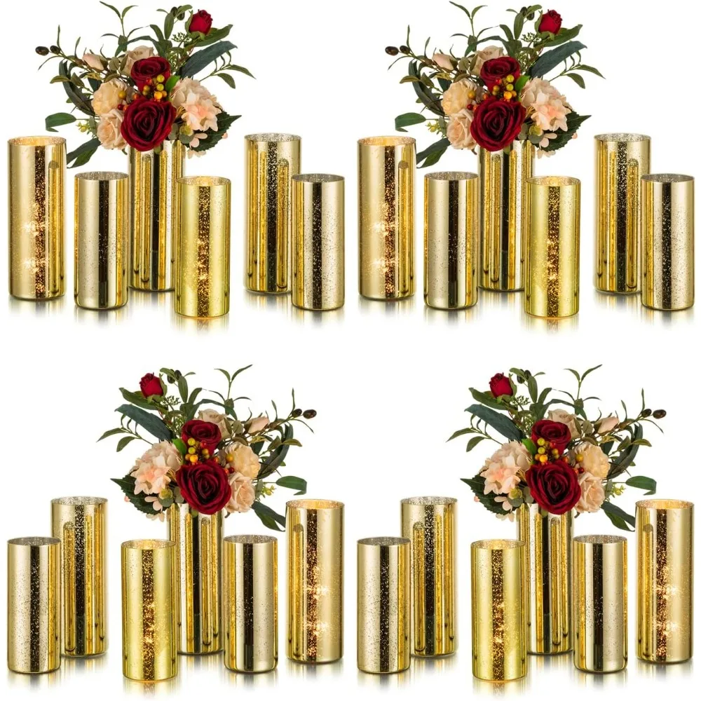 Gold mercury glass cylindrical vase for centerpiece, bulk: 24-piece set, decorative flower candle vase, Hurricane candle holder