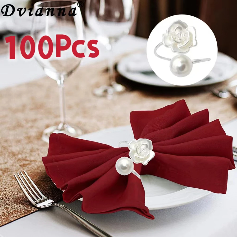 100Pcs Silver Pearl Napkin Rings Flower Napkin Ring for Christmas Wedding Dinner Party Banquet Valentine's Day (Rose&Pearl)