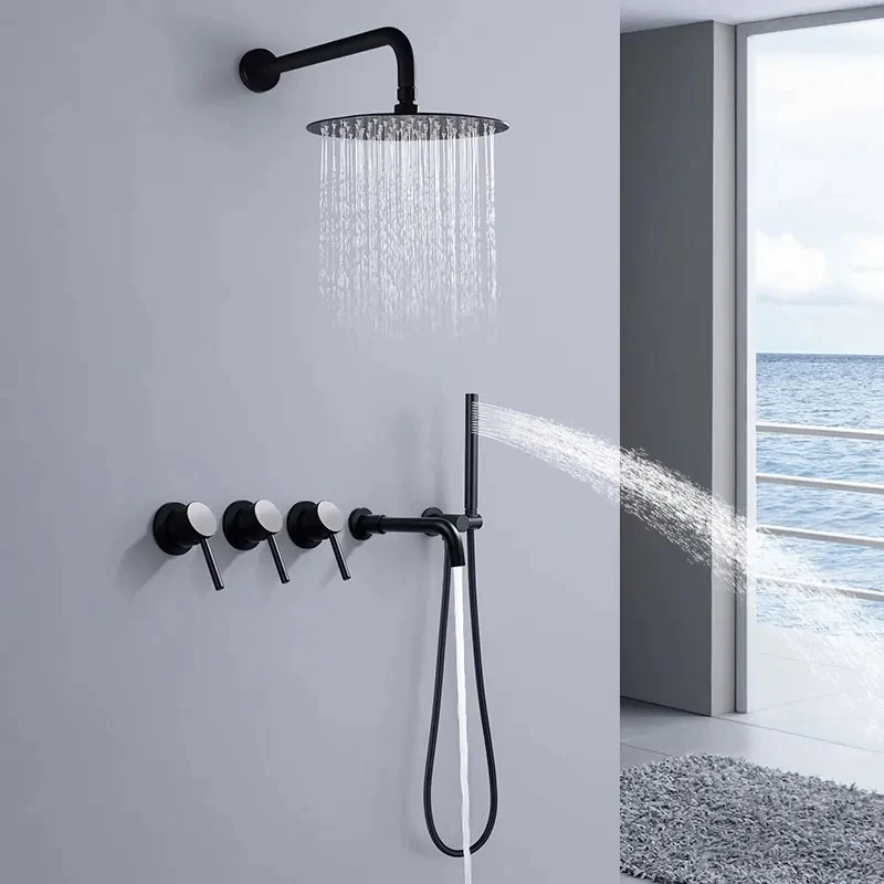 Keran Mandi Kamar Mandi Mandi Kuningan Disikat Kepala Emas Set Pengalih Keran Mixer Panas dan Dingin Lengan Terpasang Di Dinding Kombo Mewah