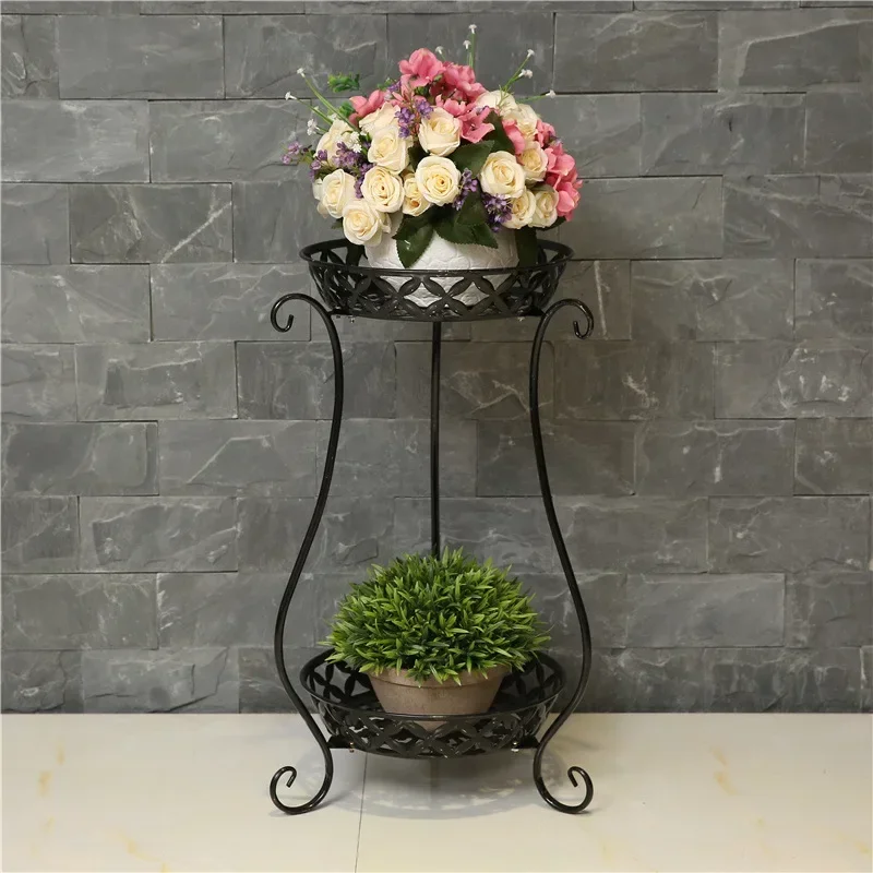 European Wrought Iron Flowerpot Stand, DoubleLayer Indoor Plant Holder, MultiLayer Floor Display for Home and Garden