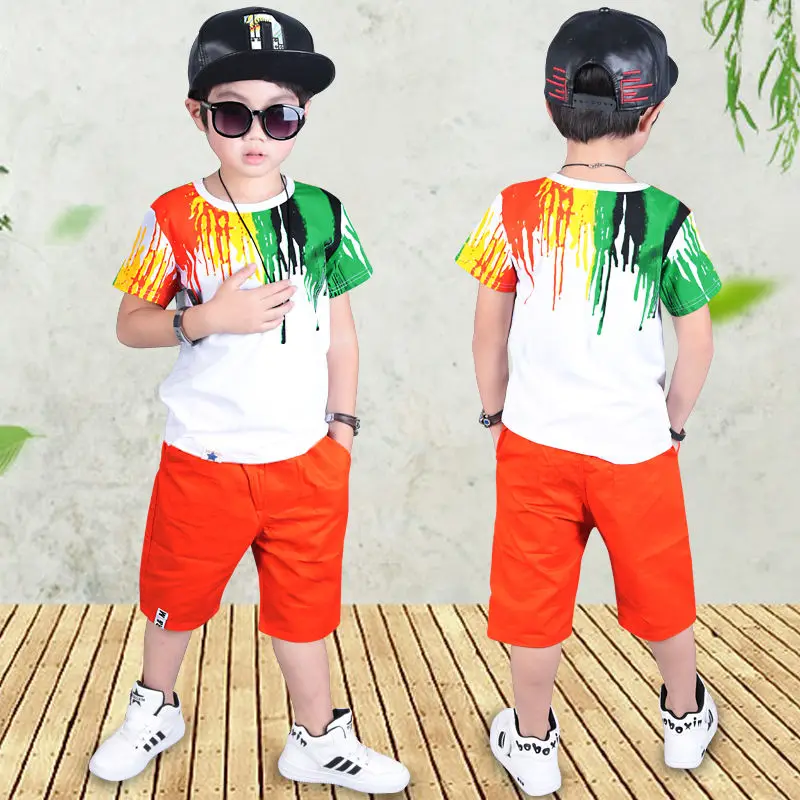 2024 New Kids Short Sleeve Suit Green Orange Print Boys Set Summer Tops And Shorts Baby Clothes Children's Wear 4 To 14 Years