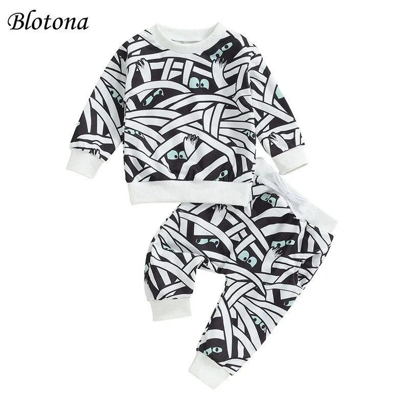 

Blotona Toddler Boy Fall Outfits Cartoon Mummy Print Long Sleeve Round Neck Sweatshirt and Elastic Waist Pants 2 Pcs Set