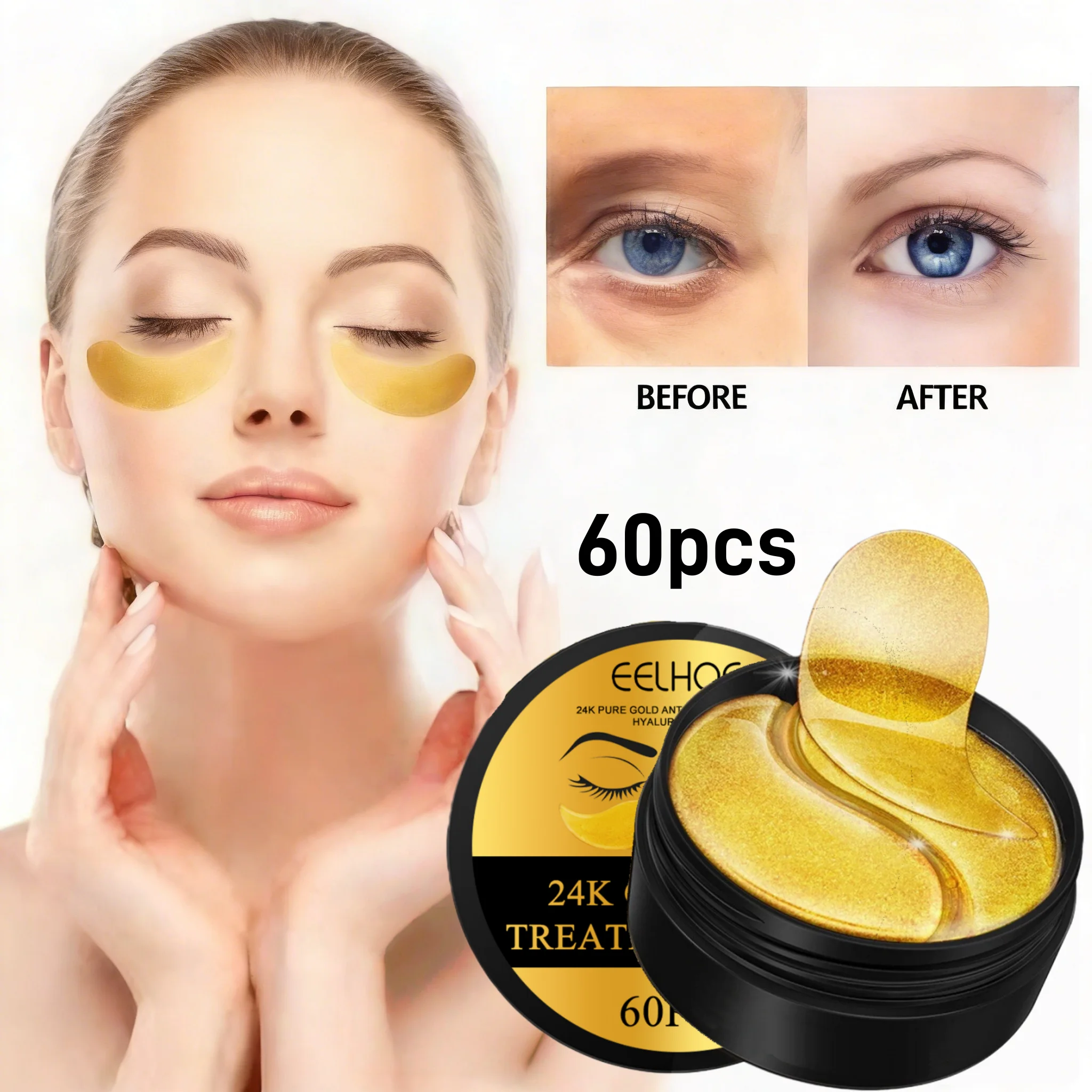 24k Gold Under Eye Patches Pure Gold Anti-Aging Under Eye Mask Removal Eyebags Moisturizing Firming Eye Patches Anti Dark 60pcs