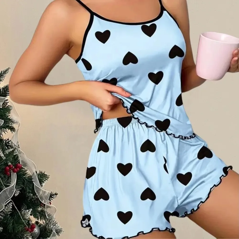 

Women's Ice Silk Pajama Set, Pink Heart Print Short Sleeve Top & Shorts, Cool Breathable Summer Sleepwear, Round Neck Lounge