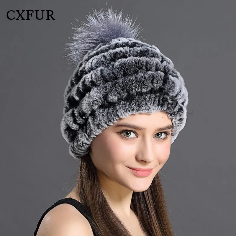 

Free Shipping Real Rex Rabbit Fur Knitted Beanie Fox Fur Pompom Hat CX-C-78A