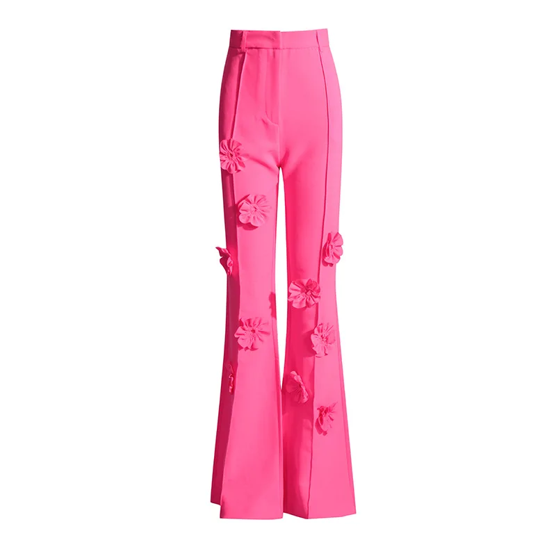 Fashion Casual Suit Pants Women Trousers Summer Sweet Three-Dimensional Flowers Loose Drooping Bell-Bottom Pants Girl Pantalones