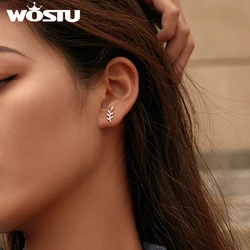 WOSTU Authentic 925 Sterling Silver Leaf Earrings Zircon Small Stud Earrings For Women Korean Fashion Minimalist Jewelry CTE031