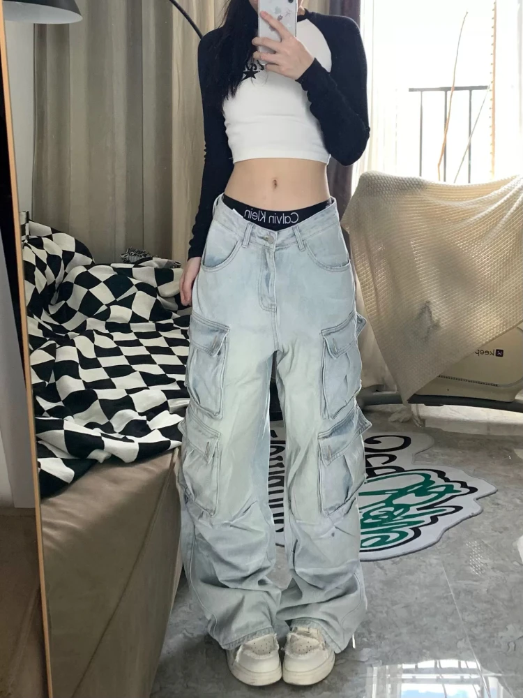 ADAgirl Vintage Women Cargo Jeans Baggy Streetwear Fashion Pocket Straight High Waist Denim Pants Y2k Japanese Wide Leg Trousers