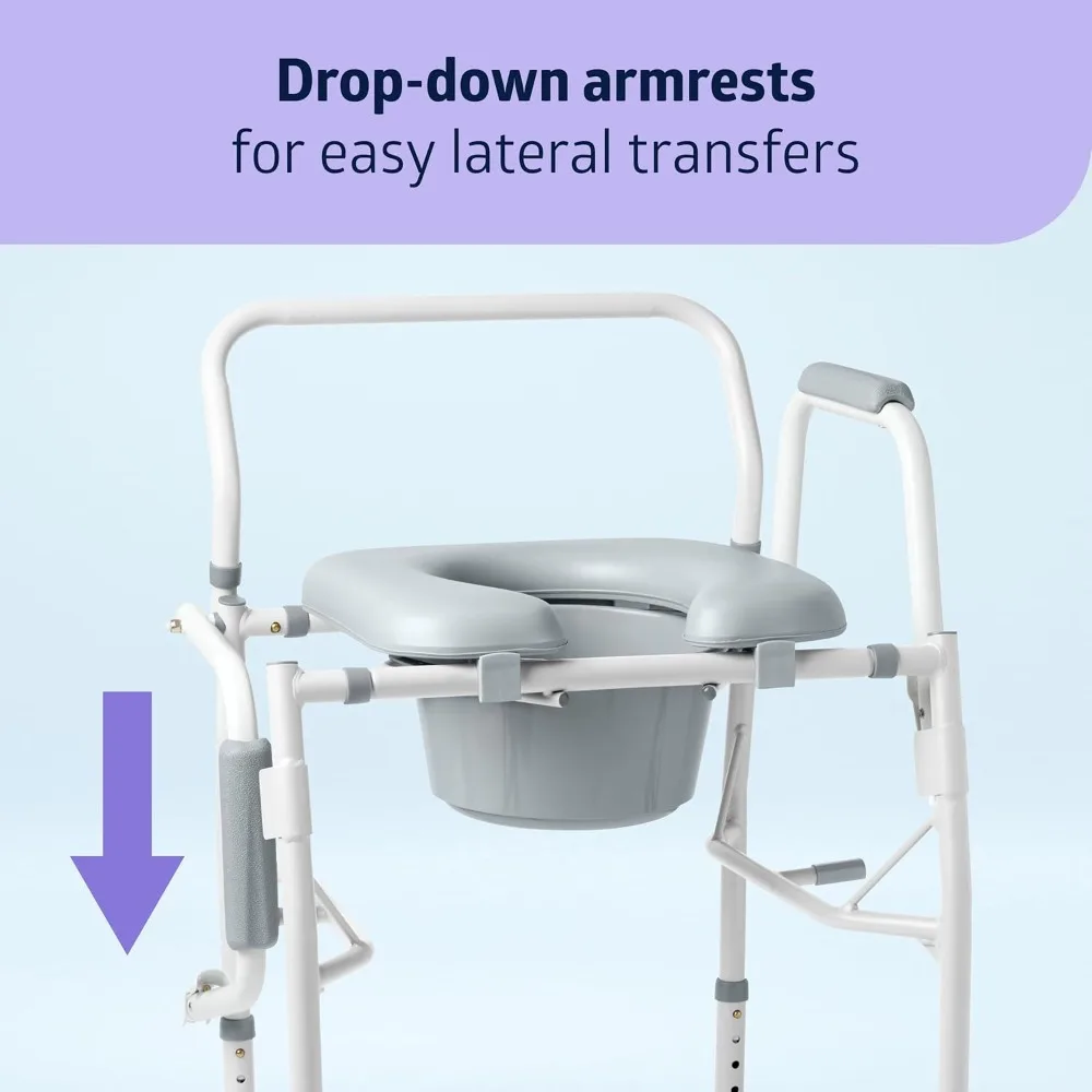 Drop Arm Commode Chair for Adults & Seniors, Padded Seat, Removable Pail, Splash Guard, 350 lb Capacity