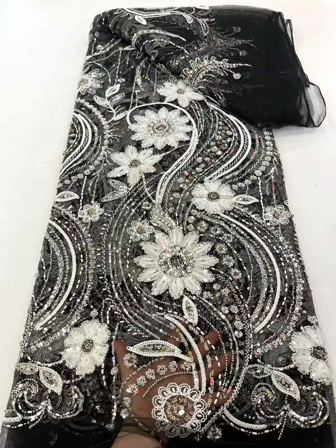 

African Luxury Beaded Tulle Lace Fabric 2025 Nigerian Handmade Heavy Sequins Pearls Lace Fabric For Bridal Wedding Dress, XC