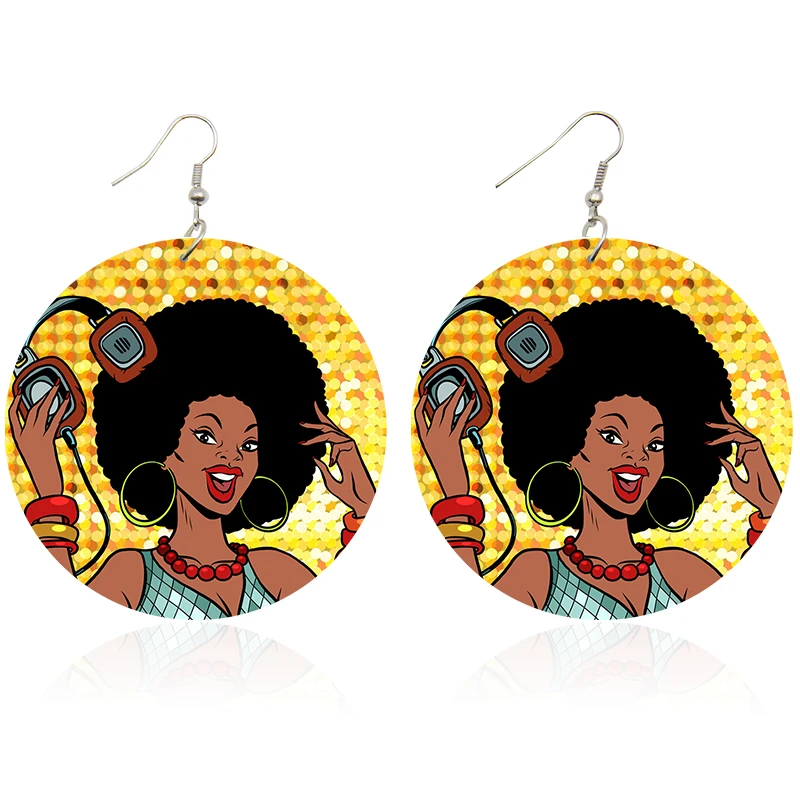 

SOMEHOUR AFRO Curly Women Wooden Drop Earrings Natural Black Hair Girl Poppin Soul Print Loops Dangle Wood Craft Pendant Jewerly