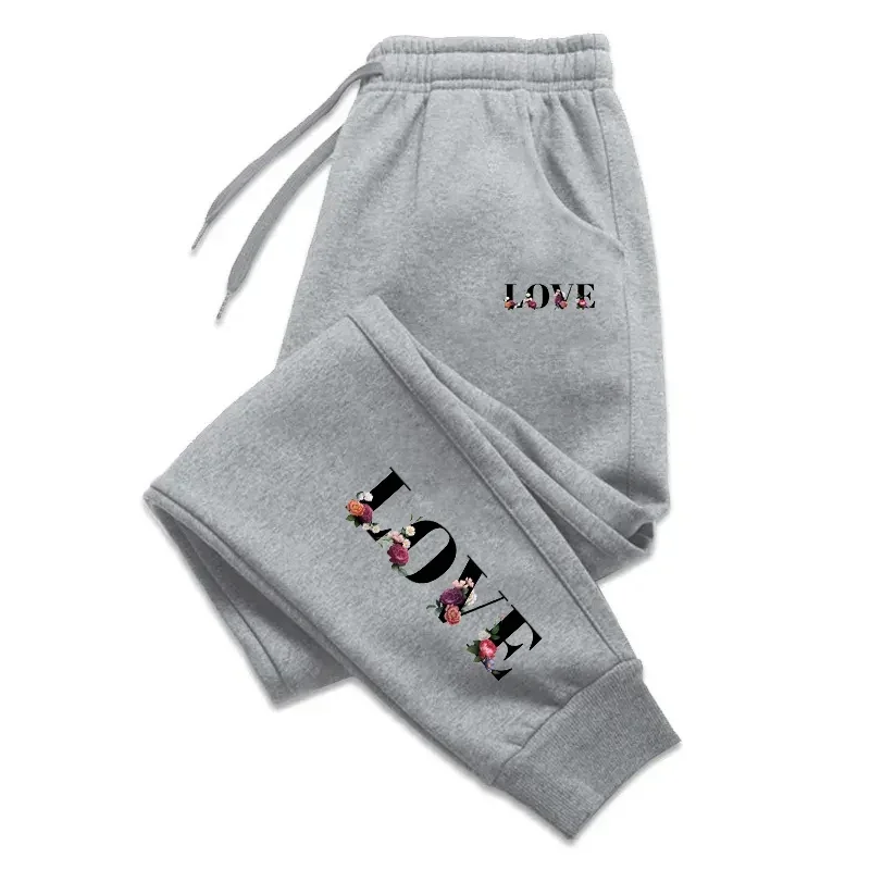 Women Love and Flower Pattern Print Long Pants Women Daily Outdoor Casual Pants Slow Jogging Fitness Harajuku Sweat Pants