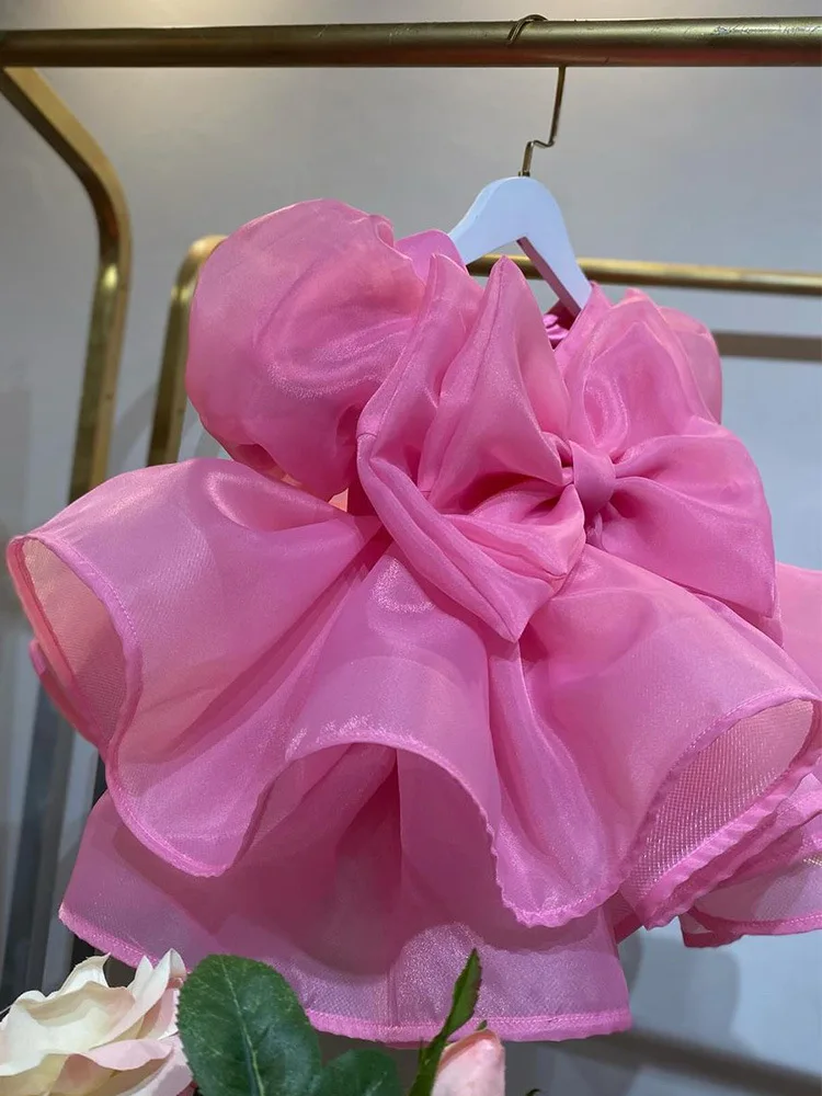 Vestido rosa de flores hinchado para niña, tul para boda, cuello redondo con lazo hasta la rodilla, fiesta de cumpleaños de princesa, desfile de graduación