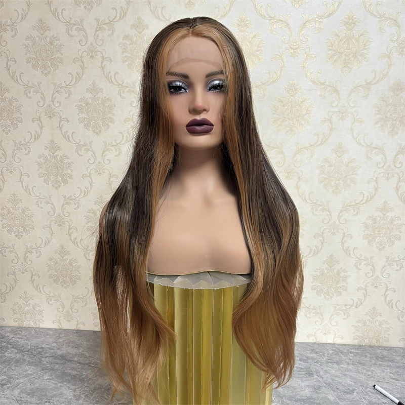 Dark Brown with Honey Blonde Highlights 13X4 Synthetic Lace Frontal Wigs Transparent Women Long Straight High Heat Fibre Wig