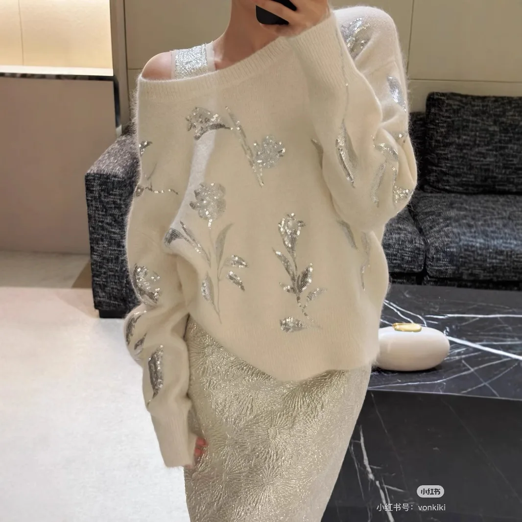 

Women Knitted Pullovers Sweaters Sequined Jumpers Floral Embroidered Round Neck Long Sleeves Loose Fit Casual Office 2026 Autumn