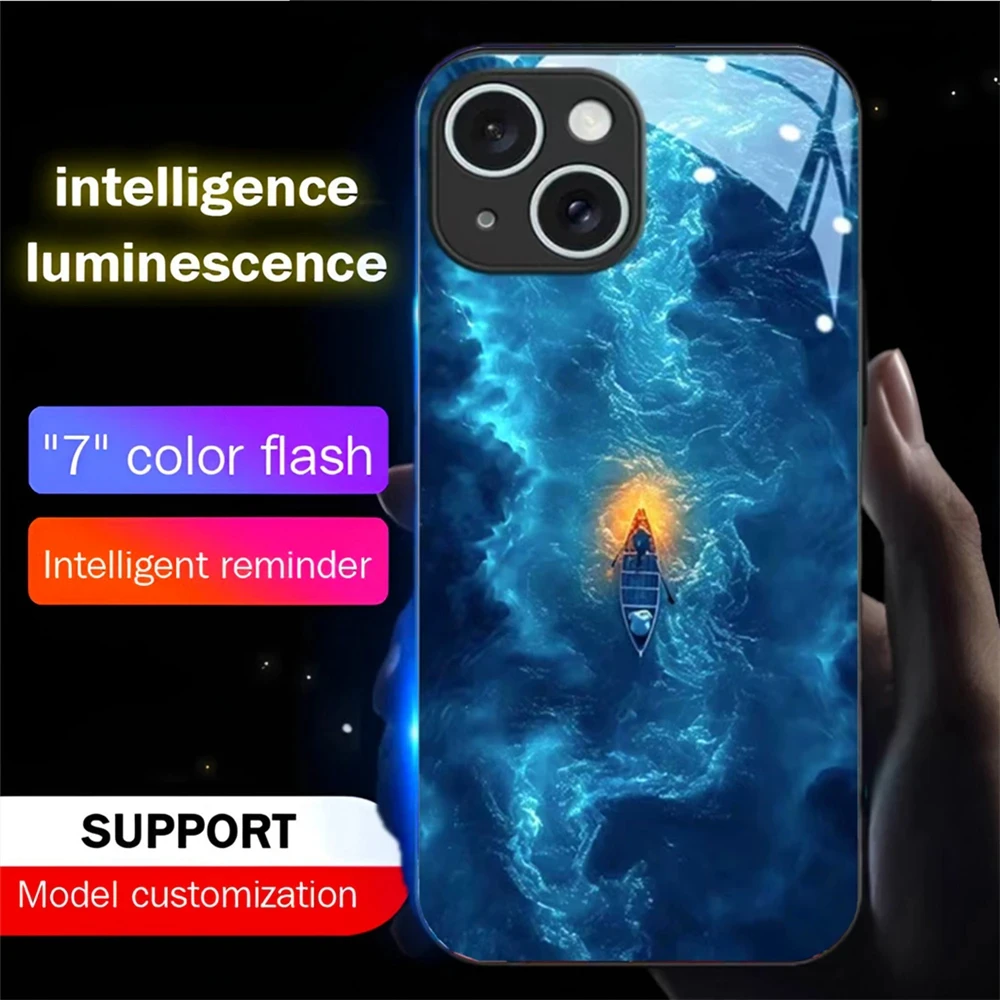 Blue Ocean Solitary Boat LED Light Glow Luminous Phone Case For Samsung S24 S23 S22 S21 S20 FE Plus Ultra A54 A14 A53 A52 A51 4G