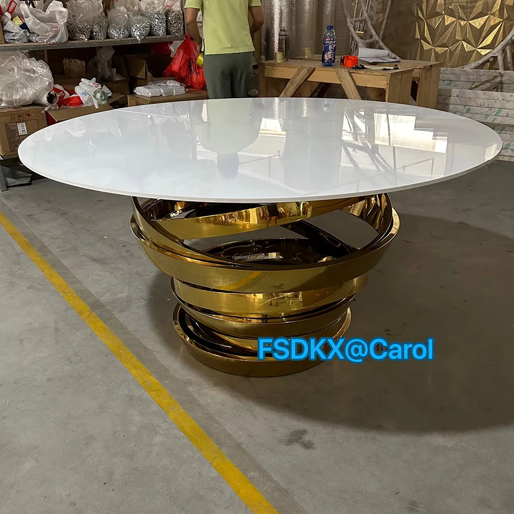 Hotel Event Wedding Furniture Golden Metal Round Frame White Mirror Glass Top Dining Tables