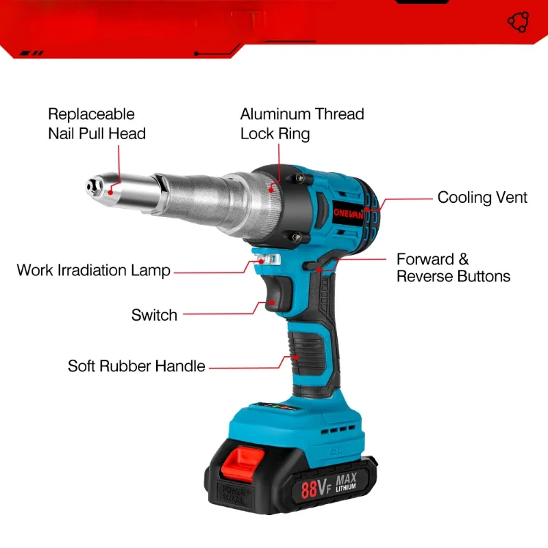 720W 20000N Brushless Electric Rivet Gun Cordless Rivet Nut Gun Power Display Auto Riveting Tool For Makita 18V Battery