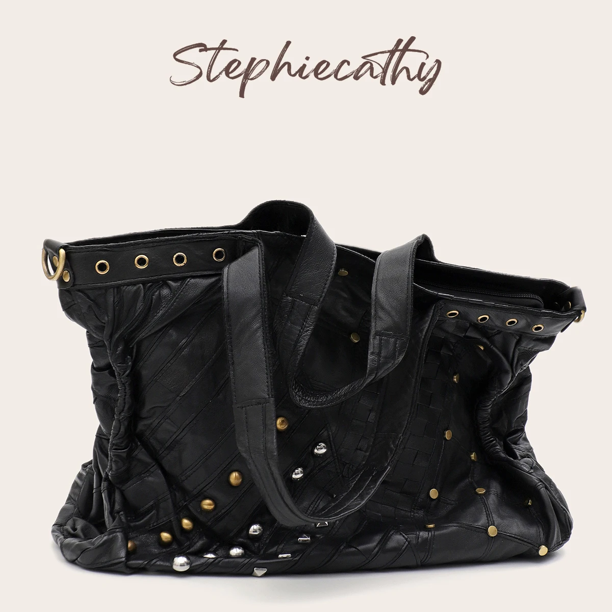 SC Luxury Retro Sheepskin Women Tote Bag Rivets & Leather Strips Patchwork Large Capacity Crossbody Shoulder Handbag Purse Trip