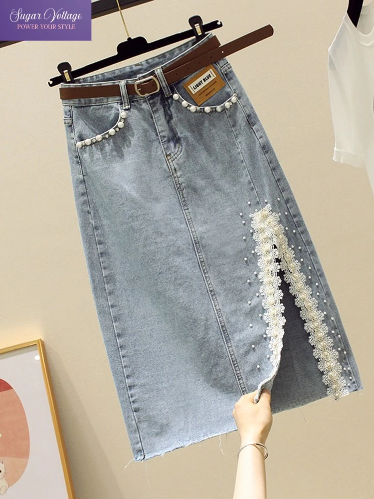 

French Elegant Denim Skirt Women High Waist Slim Pearl Split Mid-Length A-Line Skirt Chic Office Casual Fashion Woman Clothes