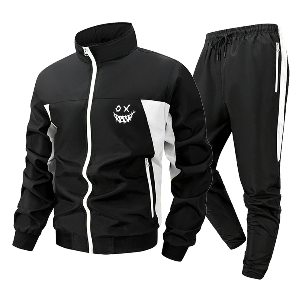 

Men's Tracksuit Set Graffiti Smile Face Print Contrast Patchwork Zipper Jacket and Pants Streetwear Casual Jogging Gym Suit