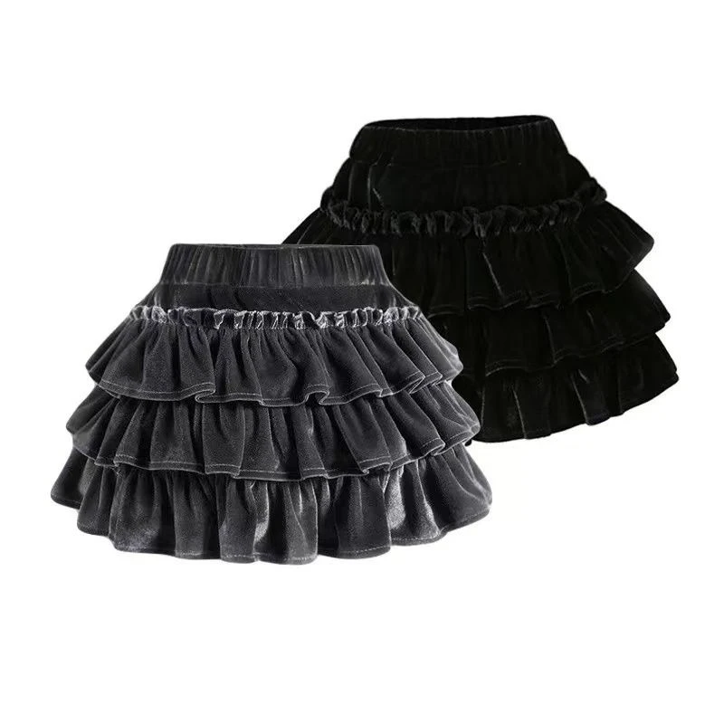 Sukienka damska w kształcie litery A z falbanami, z czarnego aksamitu, nowa kolekcja jesień/zima, elegancka, modna, z wysokim stanem, bufiaste krótkie spódnice.