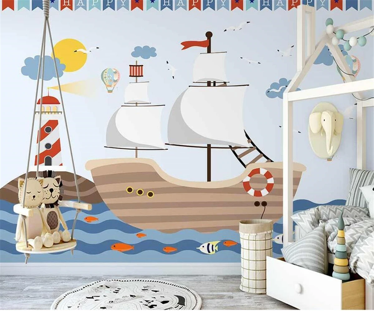 

Customized high quality wallpaper Nordic hand-painted sailing ship cartoon children's room interior background wall 3d wallpaper