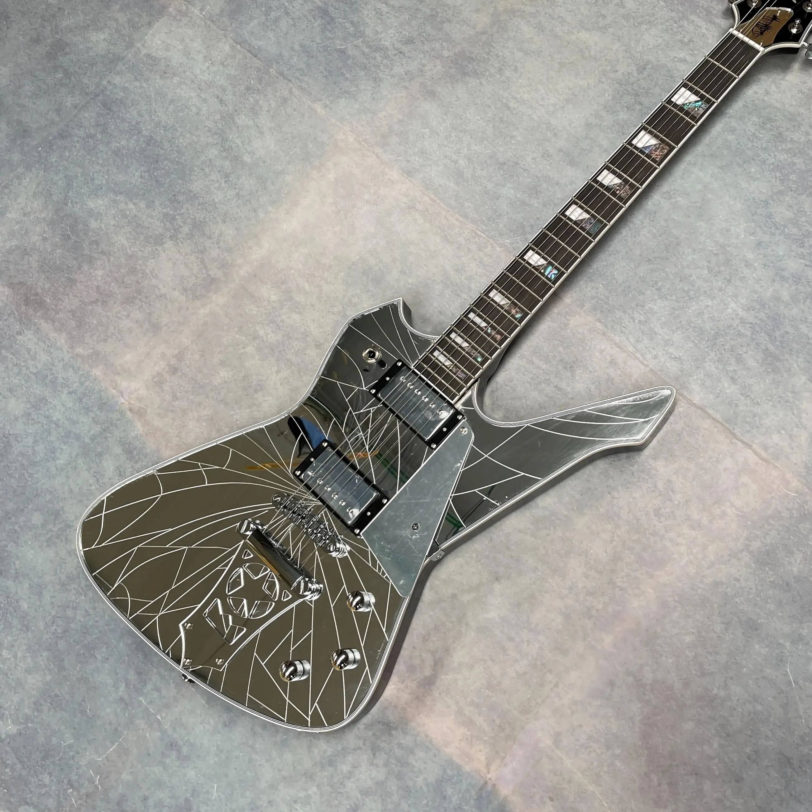 Cracked Mirror Electric Guitar, Irregular Sharp Body, Mirror Shattered Glass Top, HH Pickups, 3 Knobs, Ebony FB, Block Inlays, H