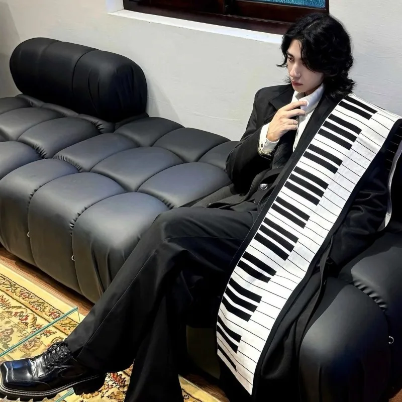 New Versatile Warm Scarf Japanese Style Piano Black White Key Scarf Men Imitation Rabbit Velvet Jacquard Shawl Ruffian Gentle - Image 5